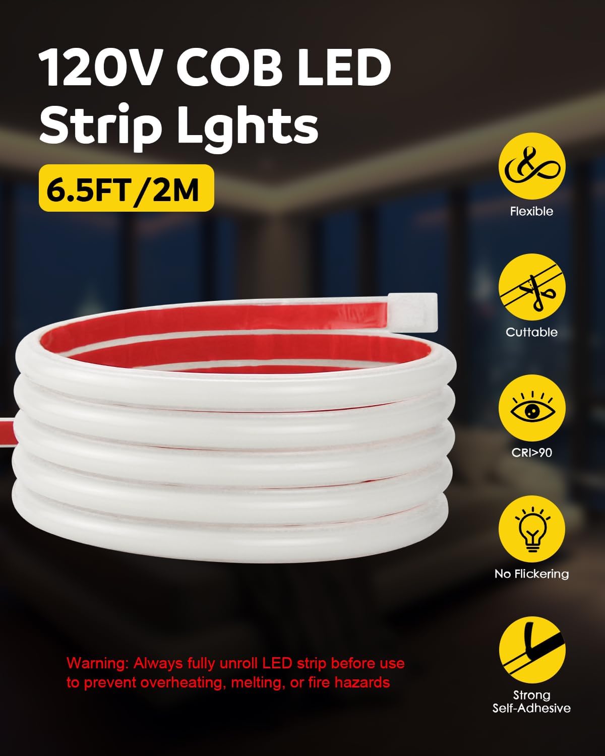 Tira luz LED COB 110V flexible impermeable 576 LED para exteriores
