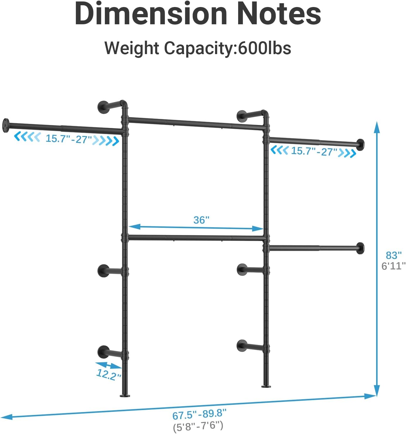 Sistema organizador pared 5 barras ajustables 5'8-7'6