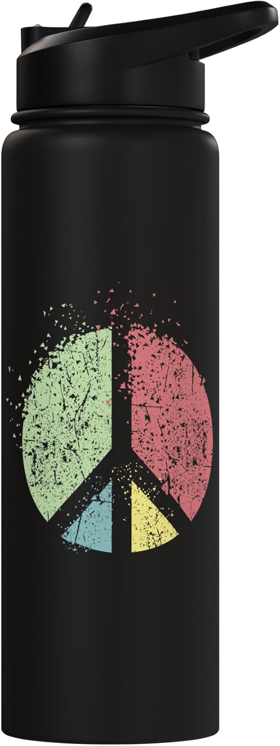 Botella de agua aislada de acero inoxidable con símbolo de paz hippie