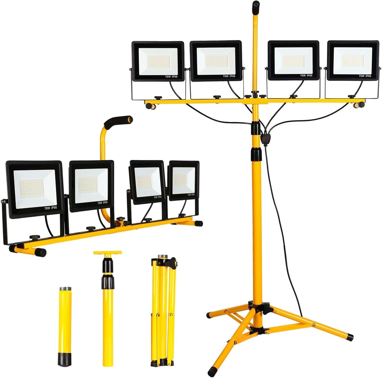 Luces trabajo LED 40000 lúmenes 4 cabezales ajustables IP66 trípode