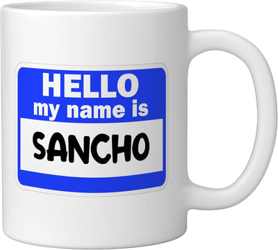 Taza de cerámica blanca con nombre Sancho en etiqueta