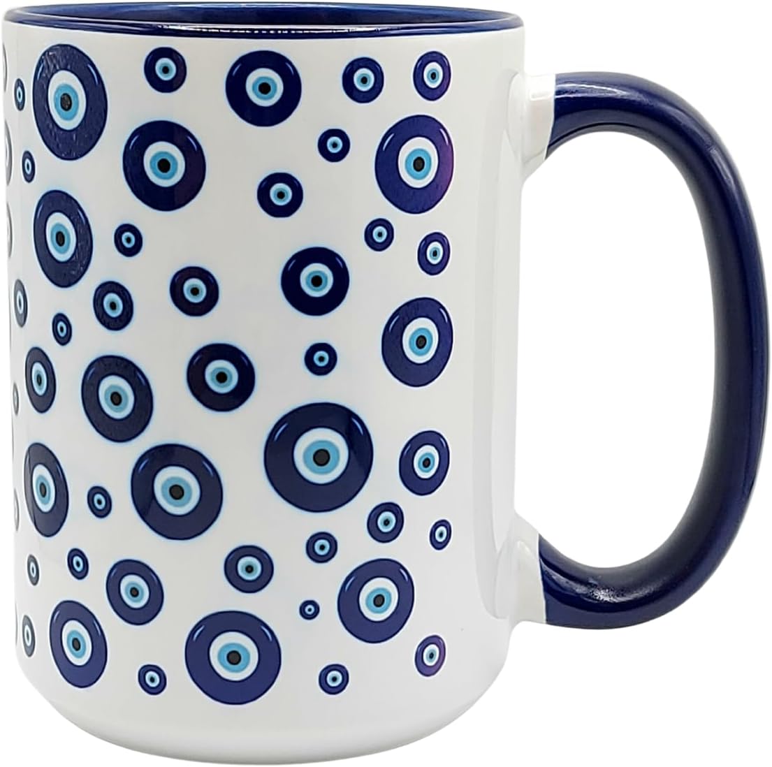 Taza de café Mugzan con patrón mal de ojo cerámica 15 oz mango azul