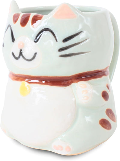 Taza de cerámica japonesa Mino Ware con gato Manekineko color pastel
