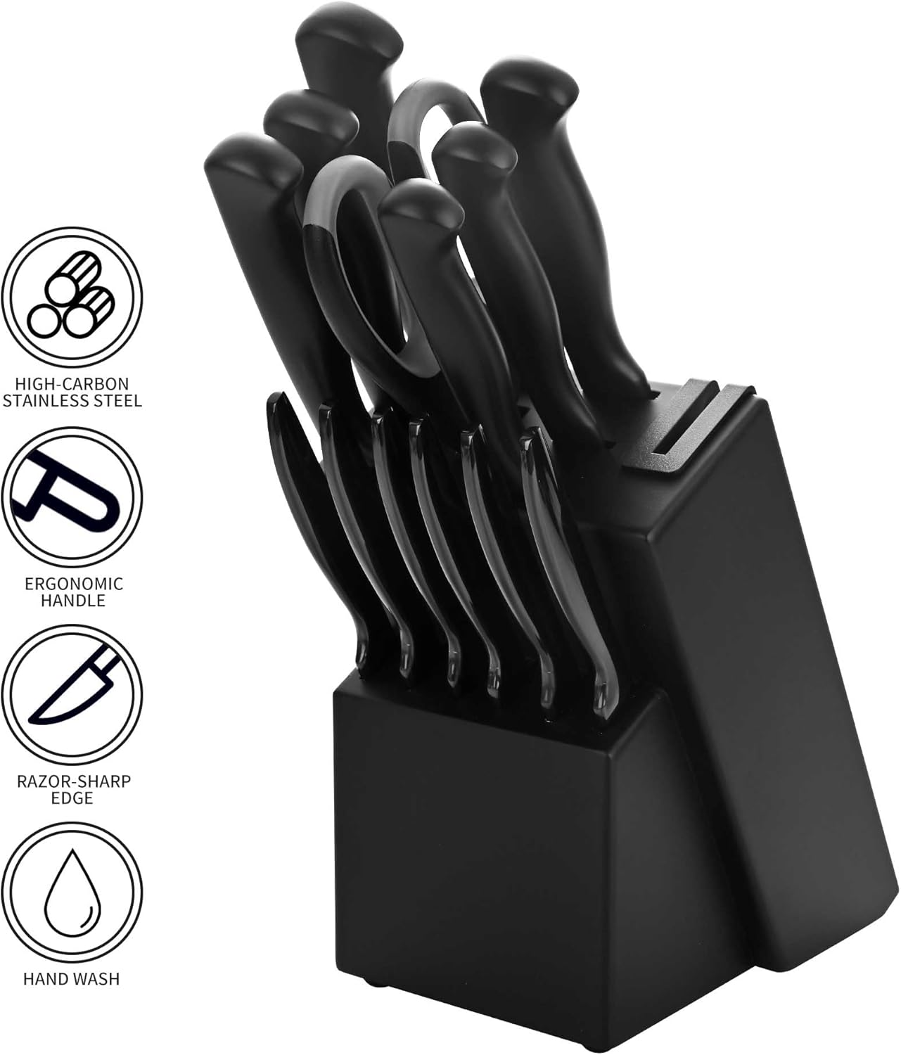 Juego de cuchillos negros de acero inoxidable 15 piezas con afilador