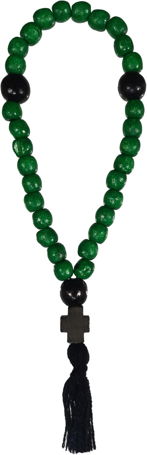 Cuerda oración cristiana madera 100 nudos cruz verde
