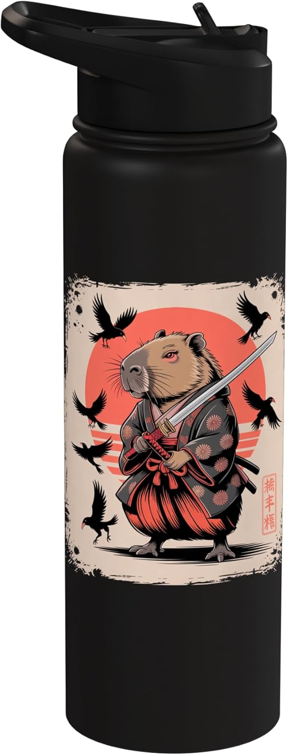 Botella de agua acero inoxidable kawaii estilo sumi-e japonesa