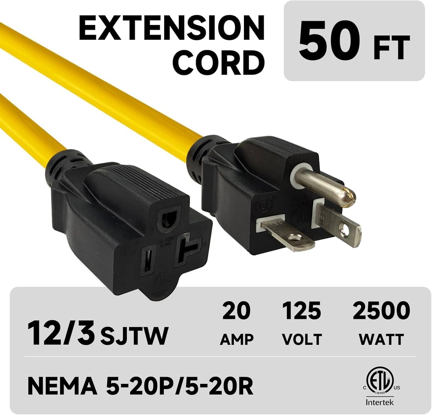 Cable extensión exterior 50ft enchufe T-Blade 20A 250V amarillo