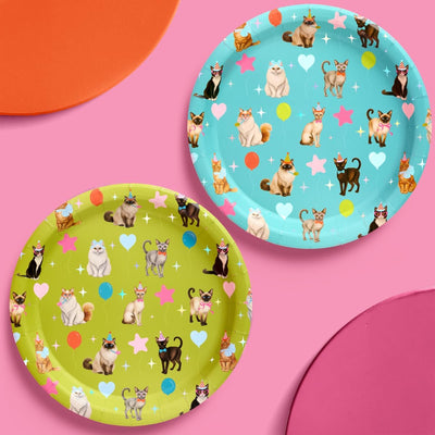 24 Platos Papel para Gatos Fiesta Iridiscente Verde Azul