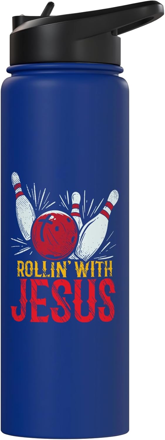 Botella de agua acero inoxidable aislada con diseño de jugador de bowling