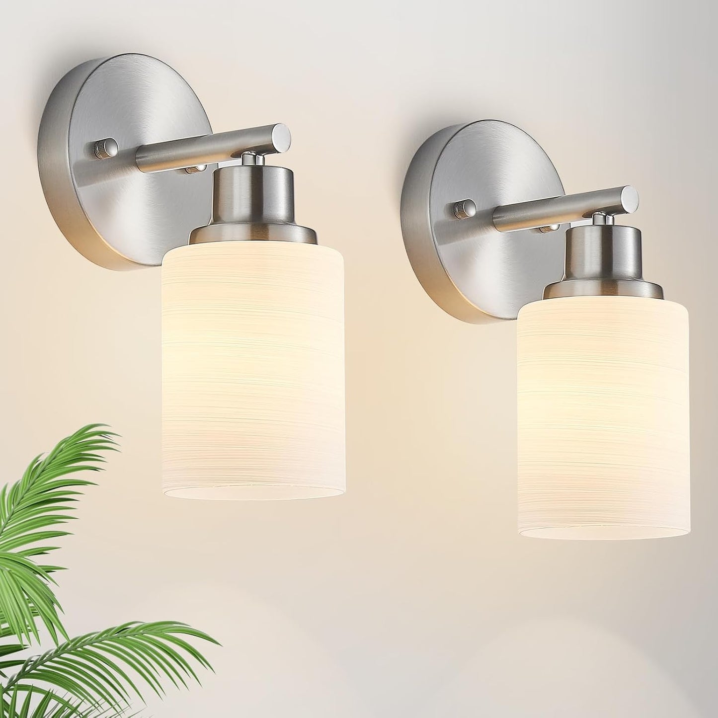 2 Luces Tocador Níquel Cepillado Vidrio Blanco Lechoso E26