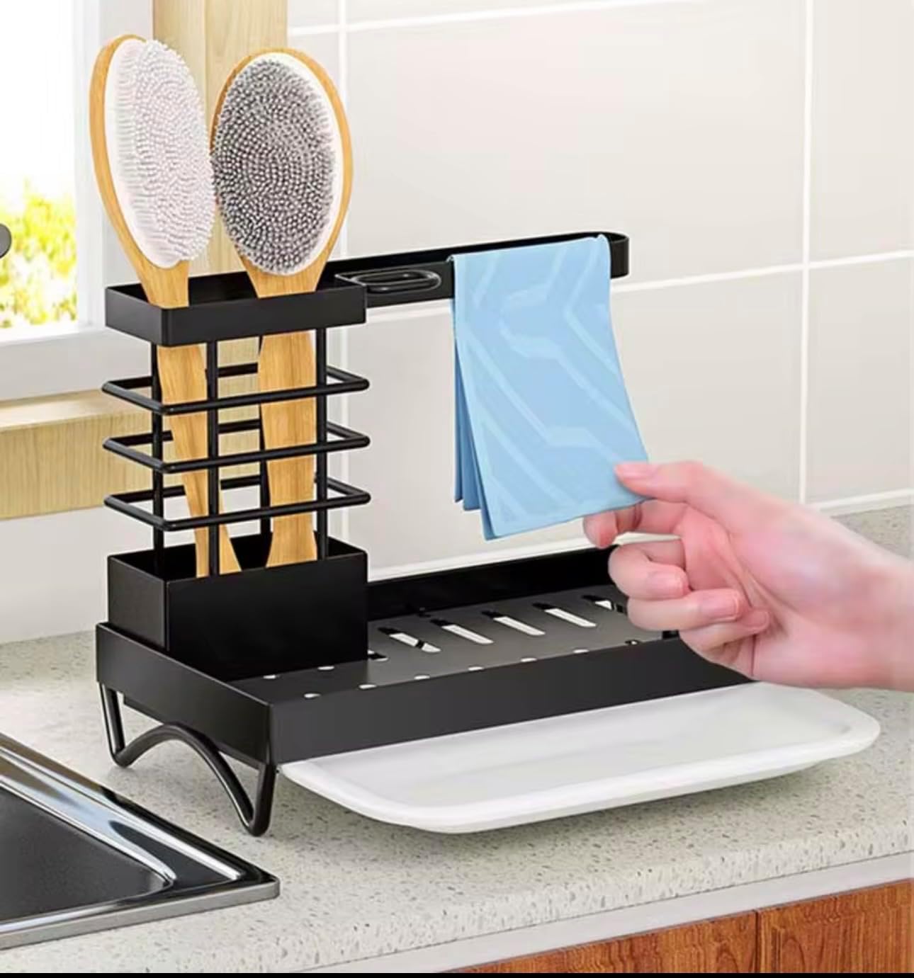 Organizador para fregadero cocina acero inoxidable con bandeja drenaje y toallero