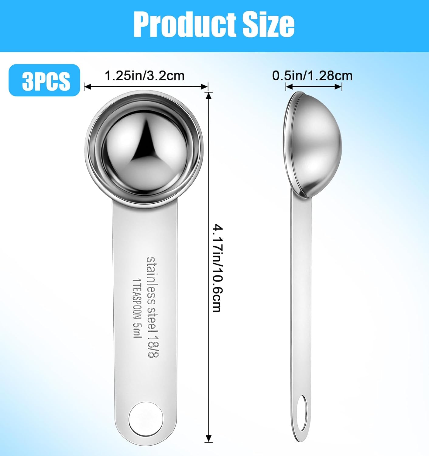 3 cucharaditas medidoras de acero inoxidable sin BPA para hornear café té y cocina