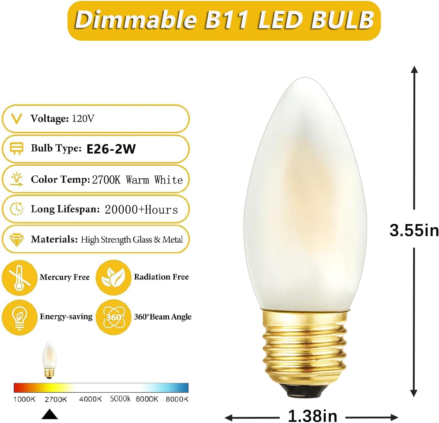 Bombilla LED E26 regulable 2700K blanco cálido 2W para candelabro