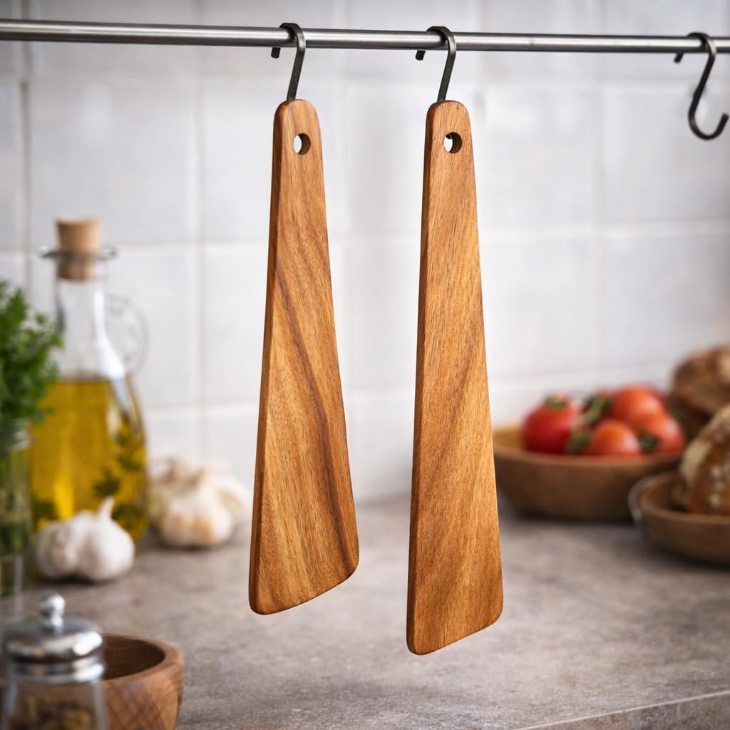 Juego de espátulas de madera de acacia paquete 2 12 y 10 pulgadas antiarañazos para cocina
