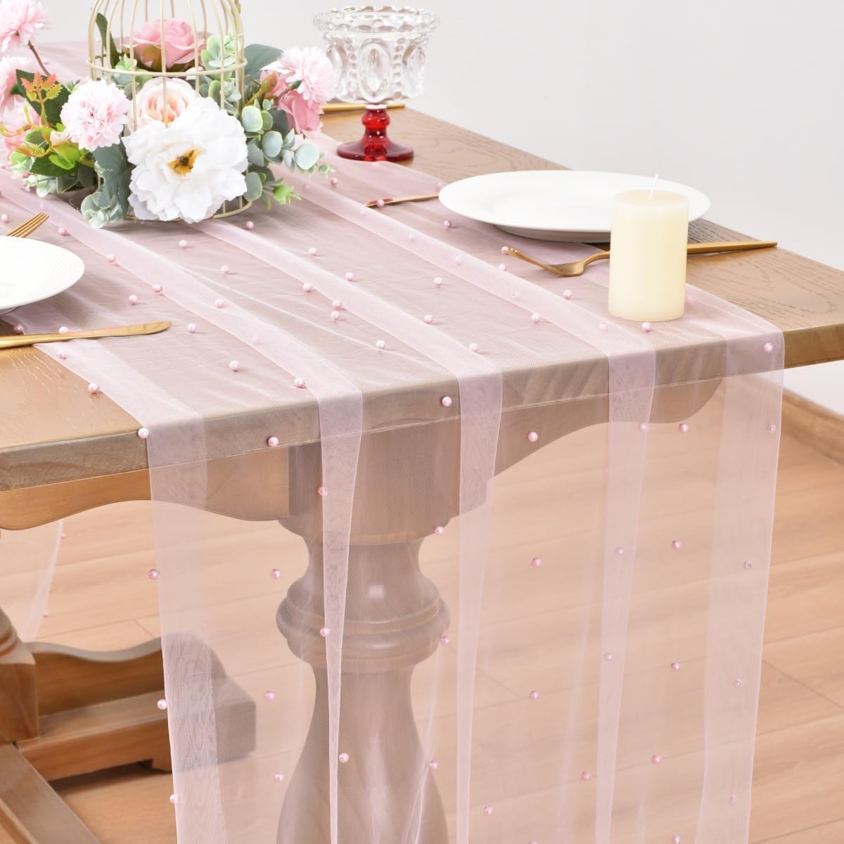 Camino de mesa de perlas rosas bohemio rústico tul encaje para hogar comedor bodas