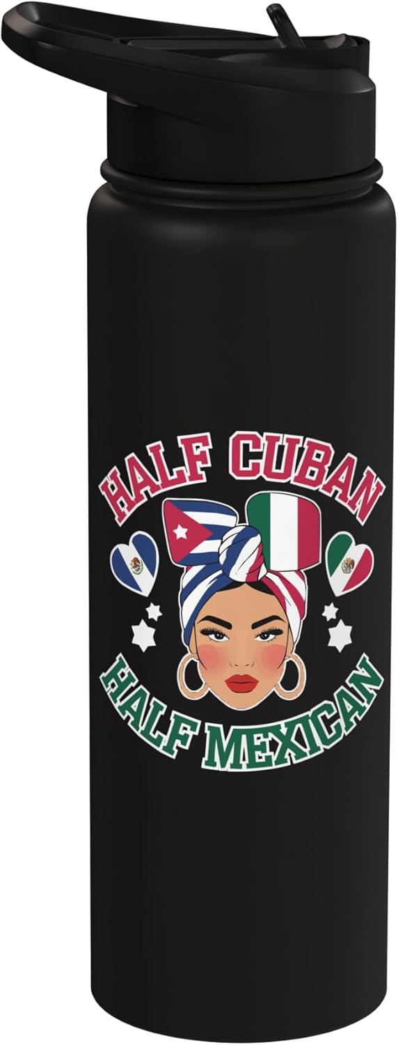 Botella de agua aislada de acero inoxidable con banderas de México y Cuba