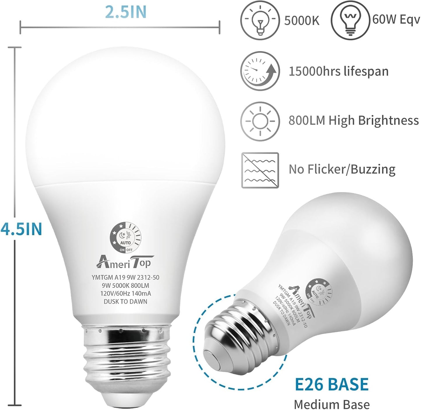 Bombilla LED A19 sensor amanecer/atrasar 800lm 10W base E26