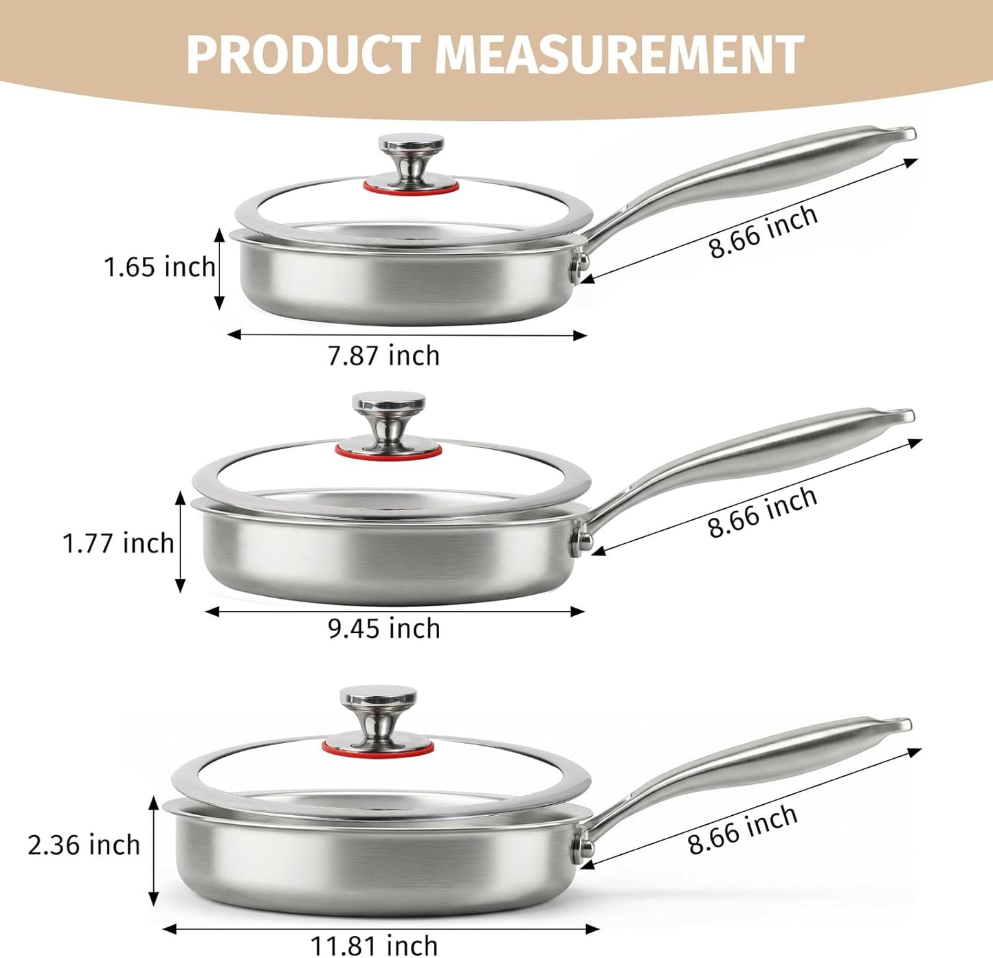 Set Sartenes Acero Inox 3 Capas Con Tapas y Utensilios