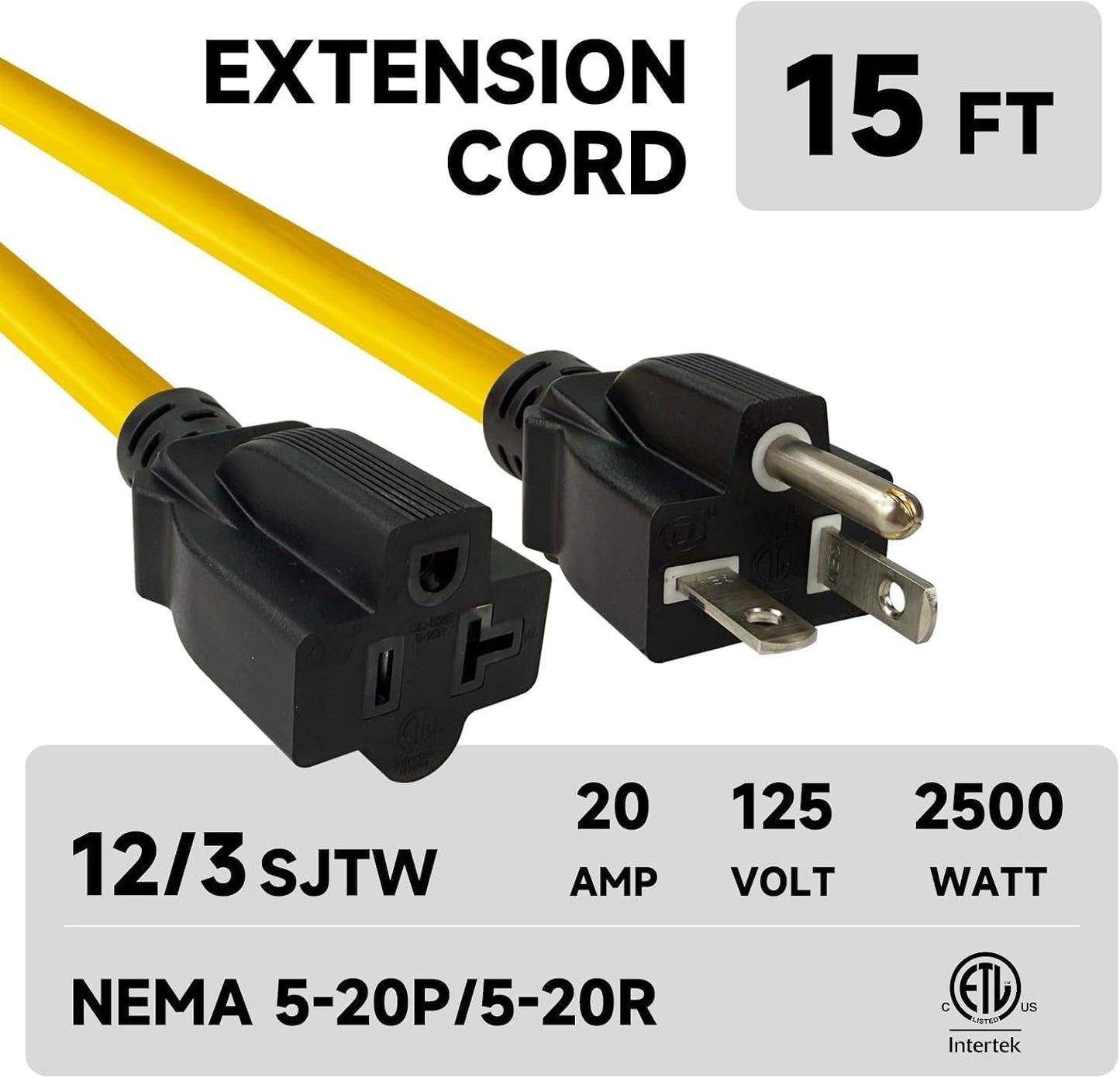 Cable extensión exterior 15ft enchufe T-Blade 20A 250V amarillo