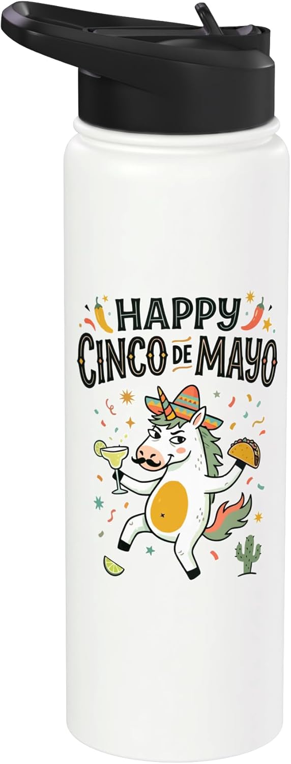 Botella de agua acero inoxidable diseño fiesta unicornio Cinco de Mayo
