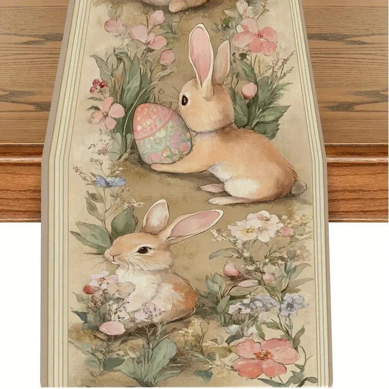 Camino de mesa retro de flores de Pascua 13 x 48 pulgadas con patrón de conejo