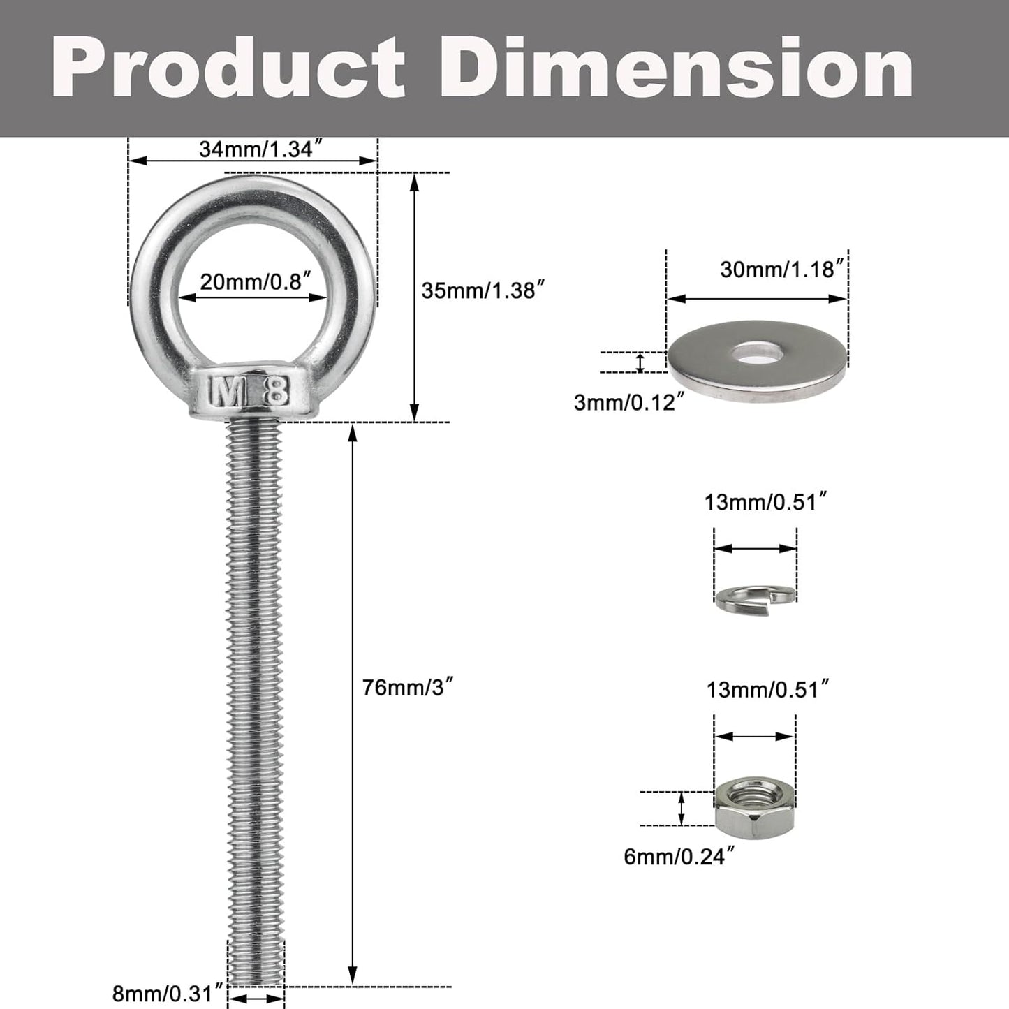 Perno ojo acero inox M8 2.992pulg con tuercas set 4