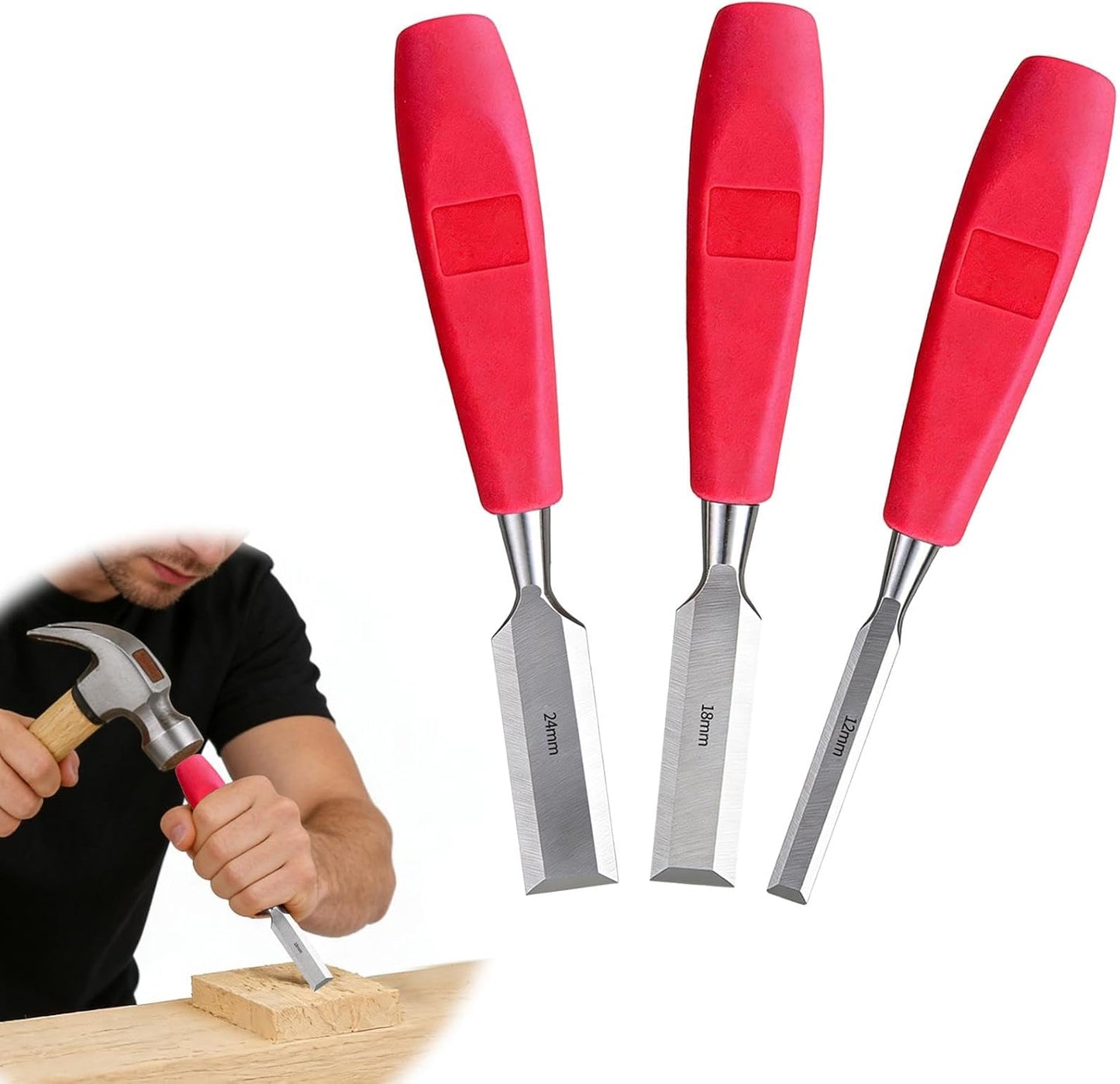 Juego 3 Cinceles Madera Biselados Acero Mango Carpintería