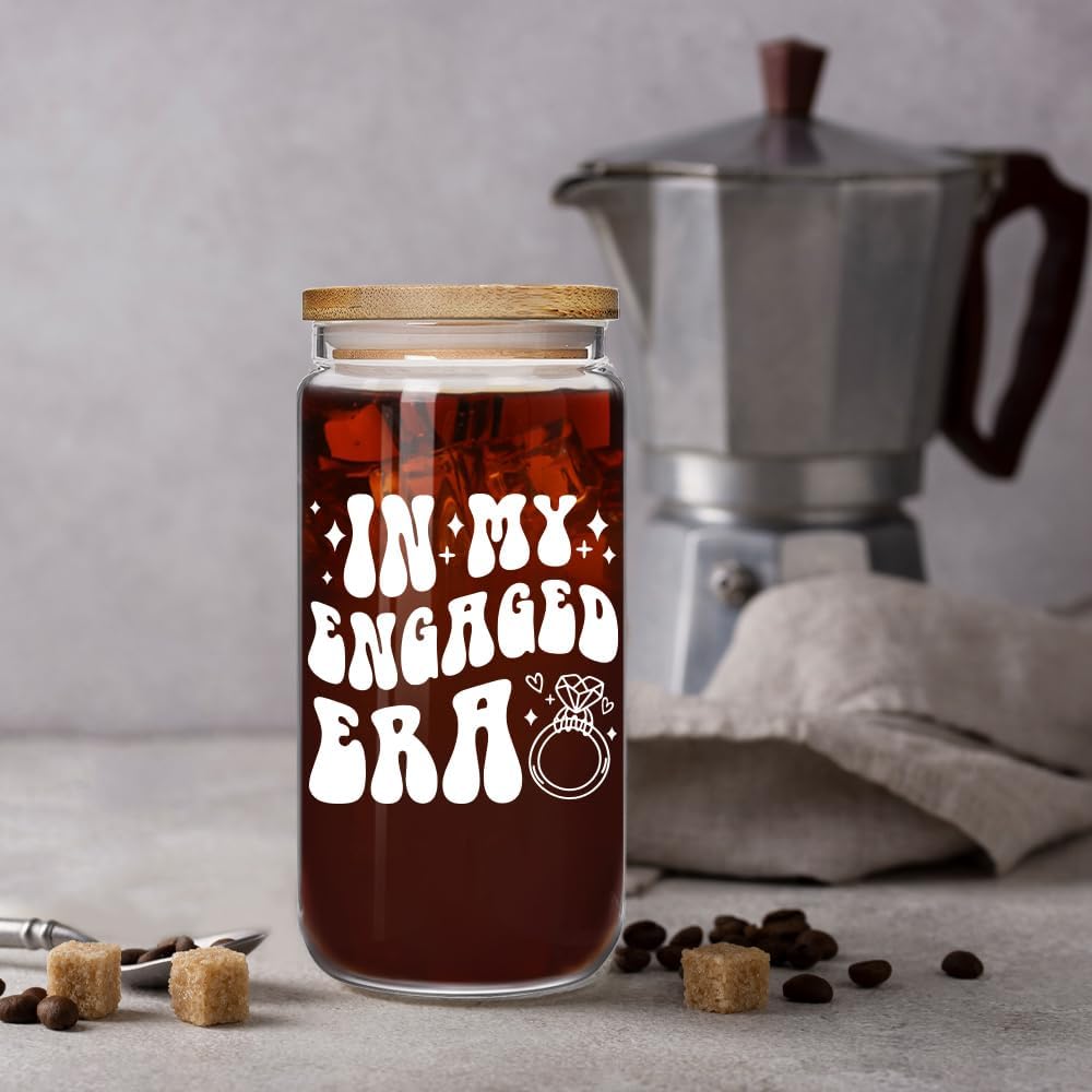 Taza de vidrio para novias únicas con tapa y pajilla 16 oz regalo compromiso