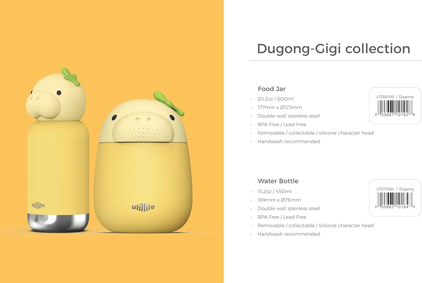 Juego de cuencos y botellas de agua aisladas Dugong