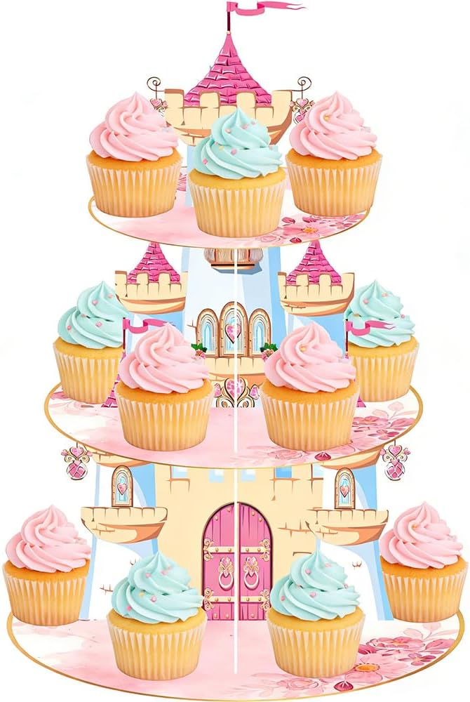 Soporte cupcakes princesa 3 niveles castillo rosa decoración mesa