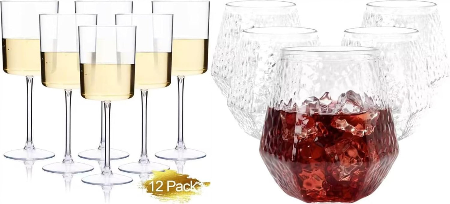 Pack 12+30 Copas Vino Plástico Transparente Diamante