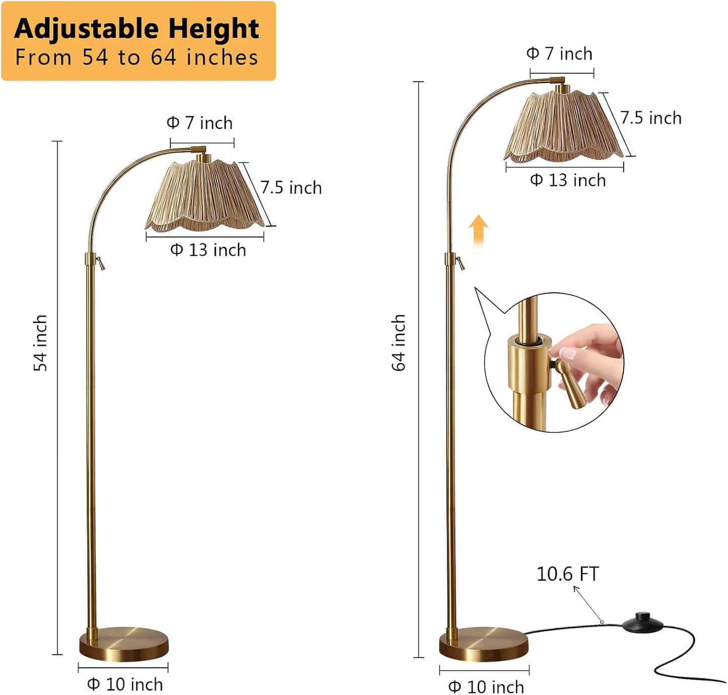 Lámpara pie arco ajustable 64pulg pantalla ratán bohemia dorada