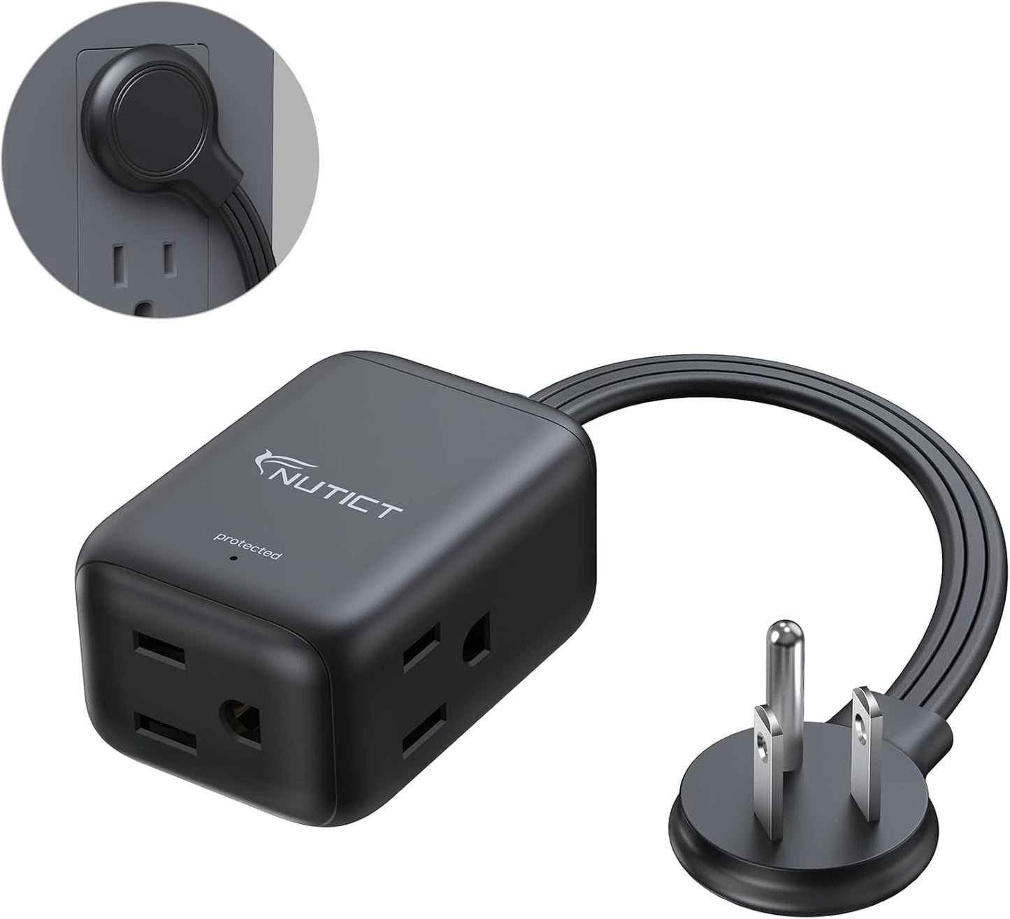 Cable extensión plano con 3 tomas 1.5pies protege sobretensiones