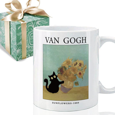 Taza de café con diseño de gatos famosos y girasoles de Van Gogh