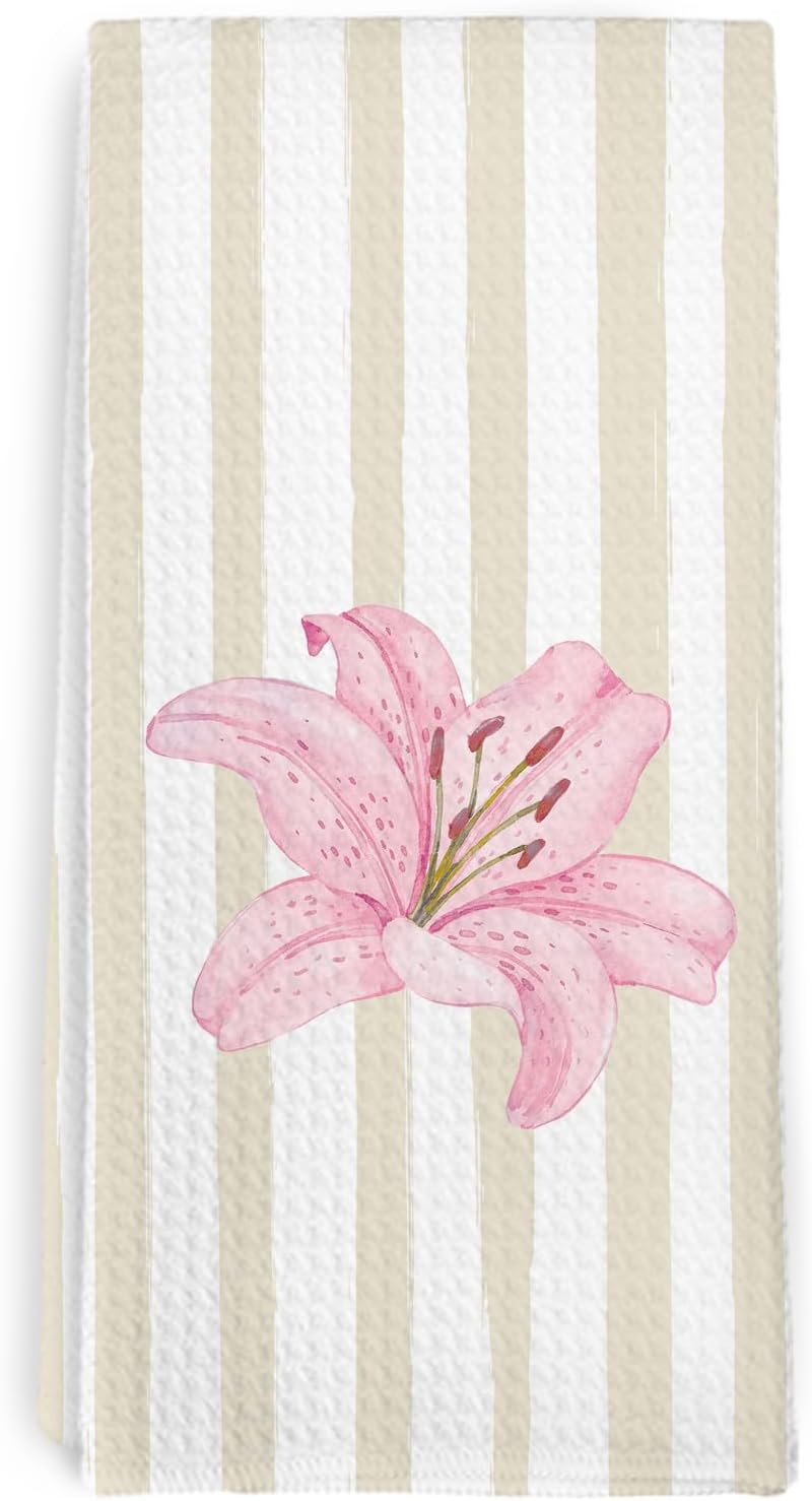 Toalla de cocina floral con lirios rosados y rayas beige
