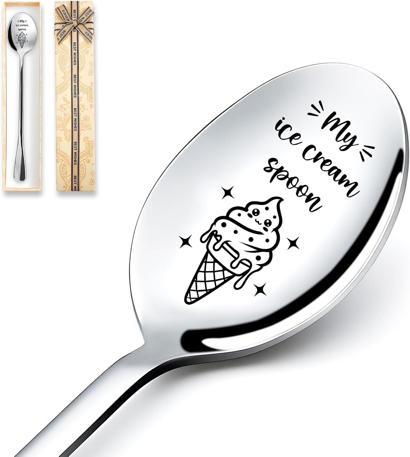Cuchara de acero inoxidable grabada con mango largo para helado