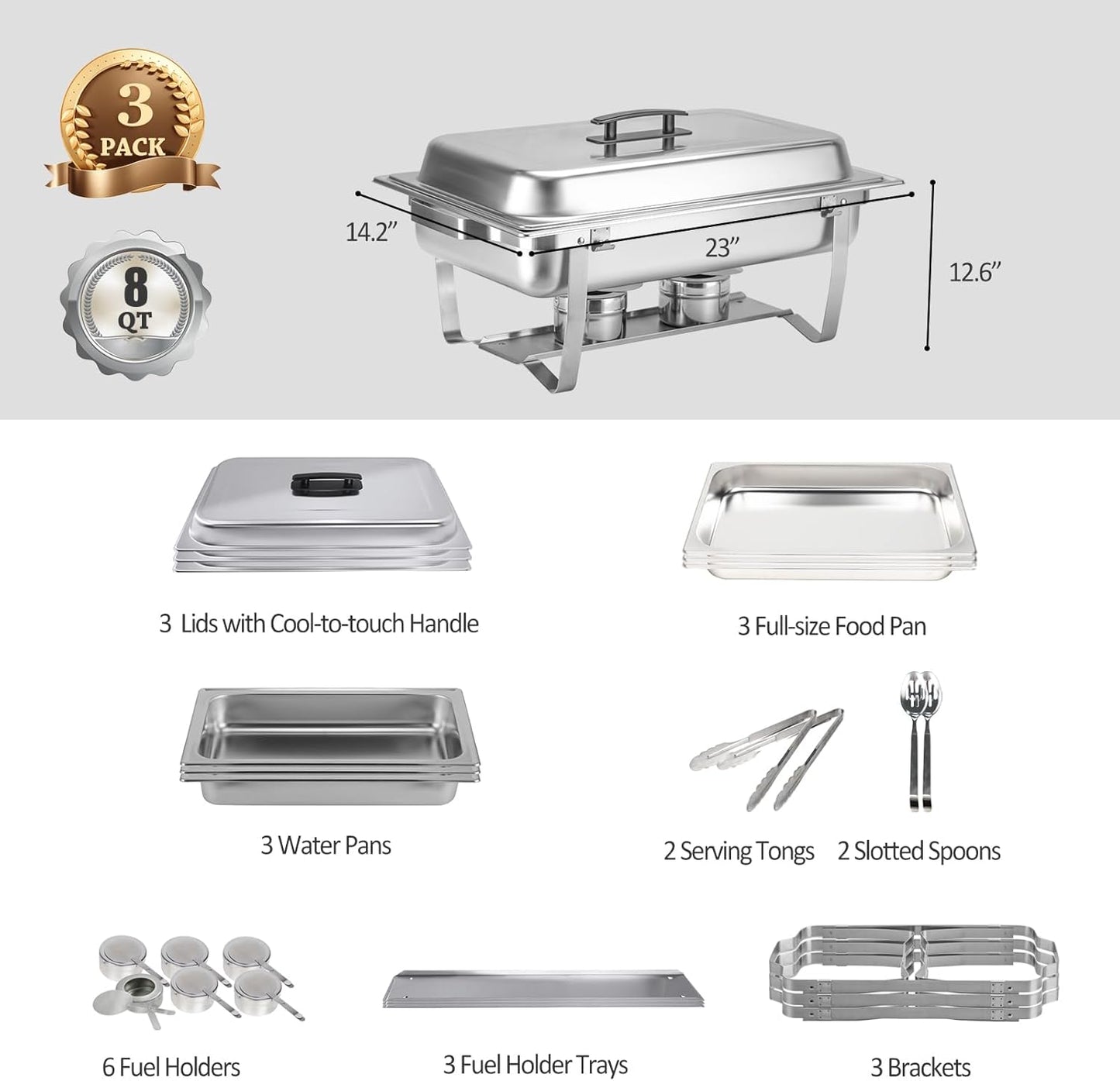 Set 3 Chafer Acero Inox 8qt con Cafetera 6l 38 Tazas Oro