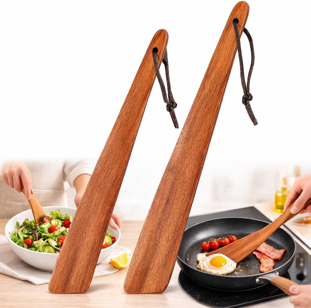 Juego de espátulas de madera de acacia paquete 2 12 y 10 pulgadas antiarañazos para cocina