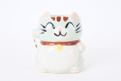 Taza de cerámica japonesa Mino Ware con gato Manekineko color pastel