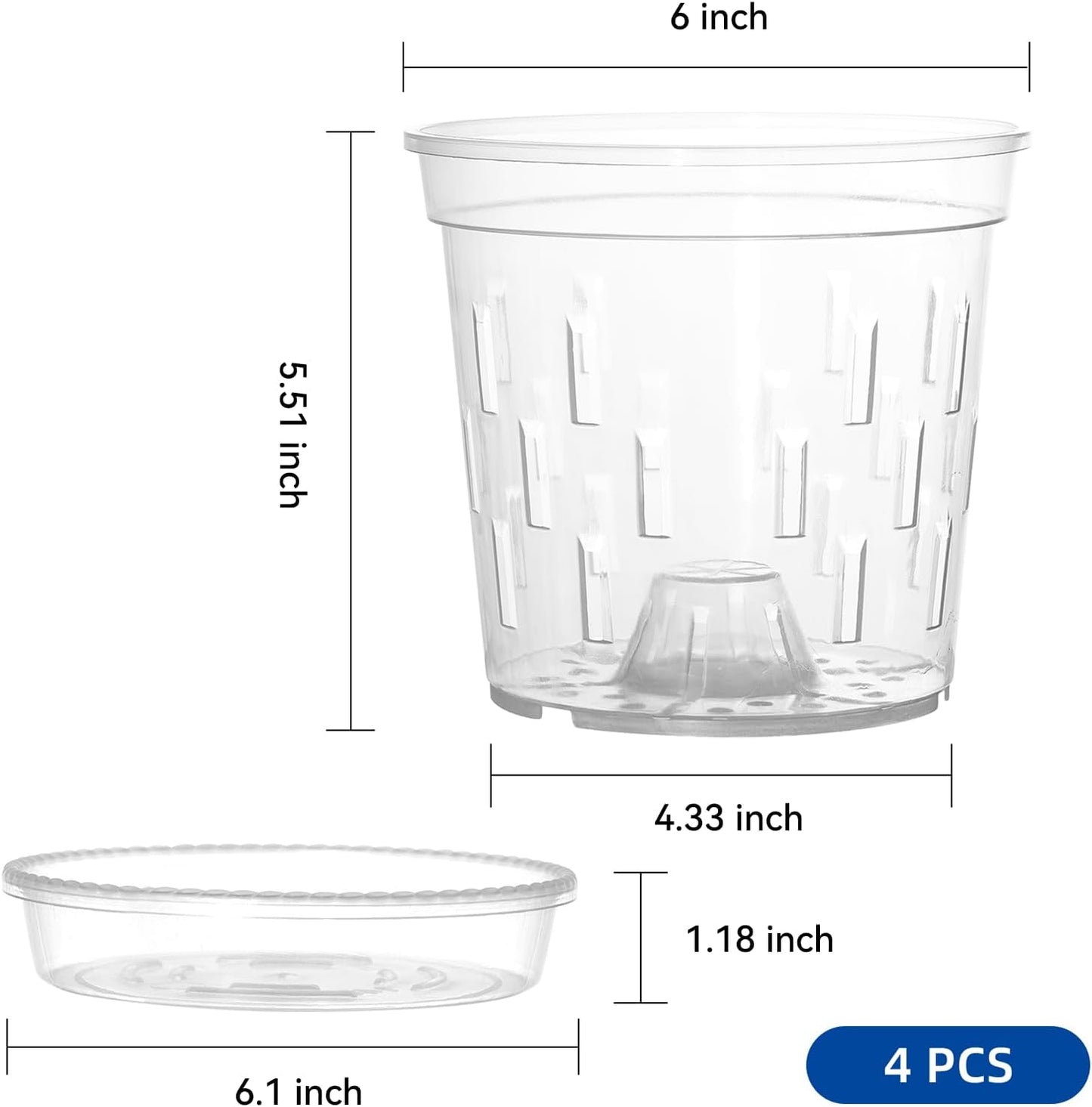 Maceta orquídea 6pulg transparente con drenaje set 4