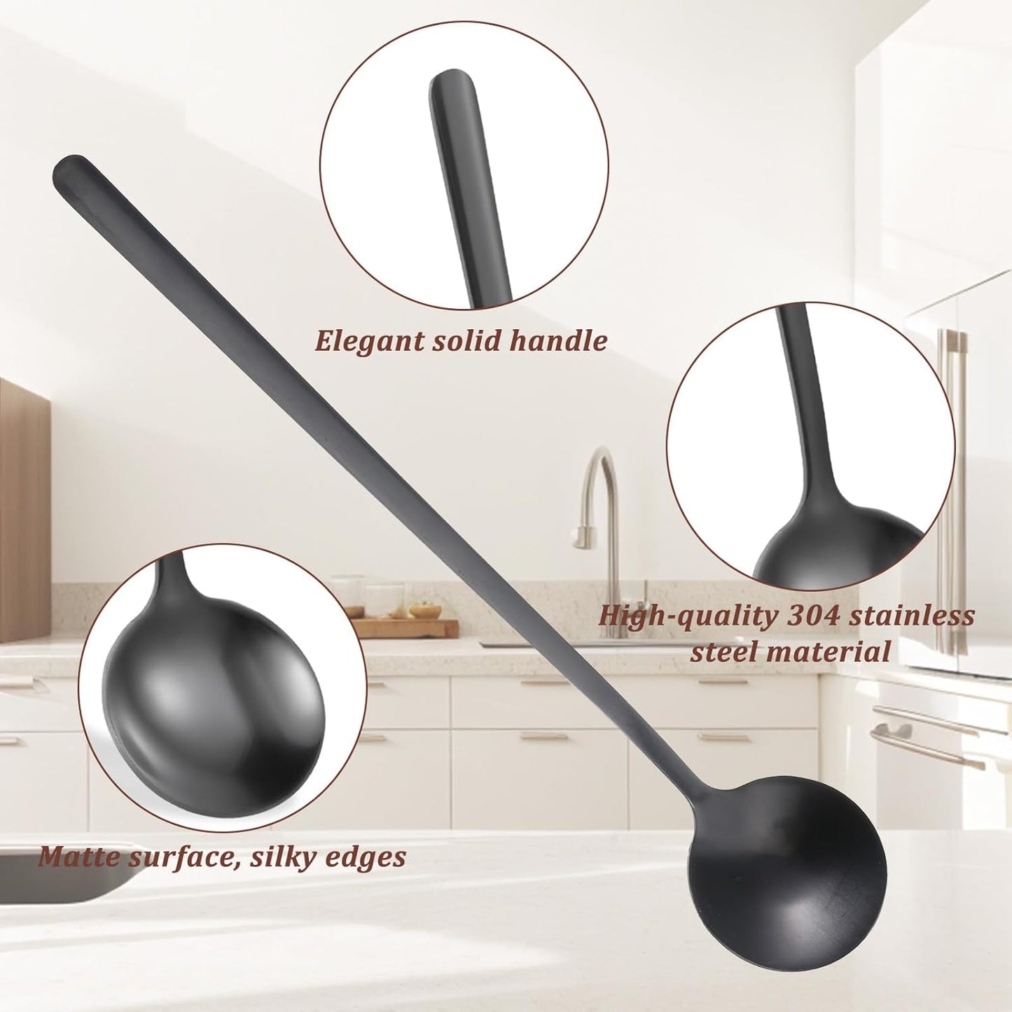 4 Cucharas Café Acero Inox Negro 6.7pulg con Mango Largo