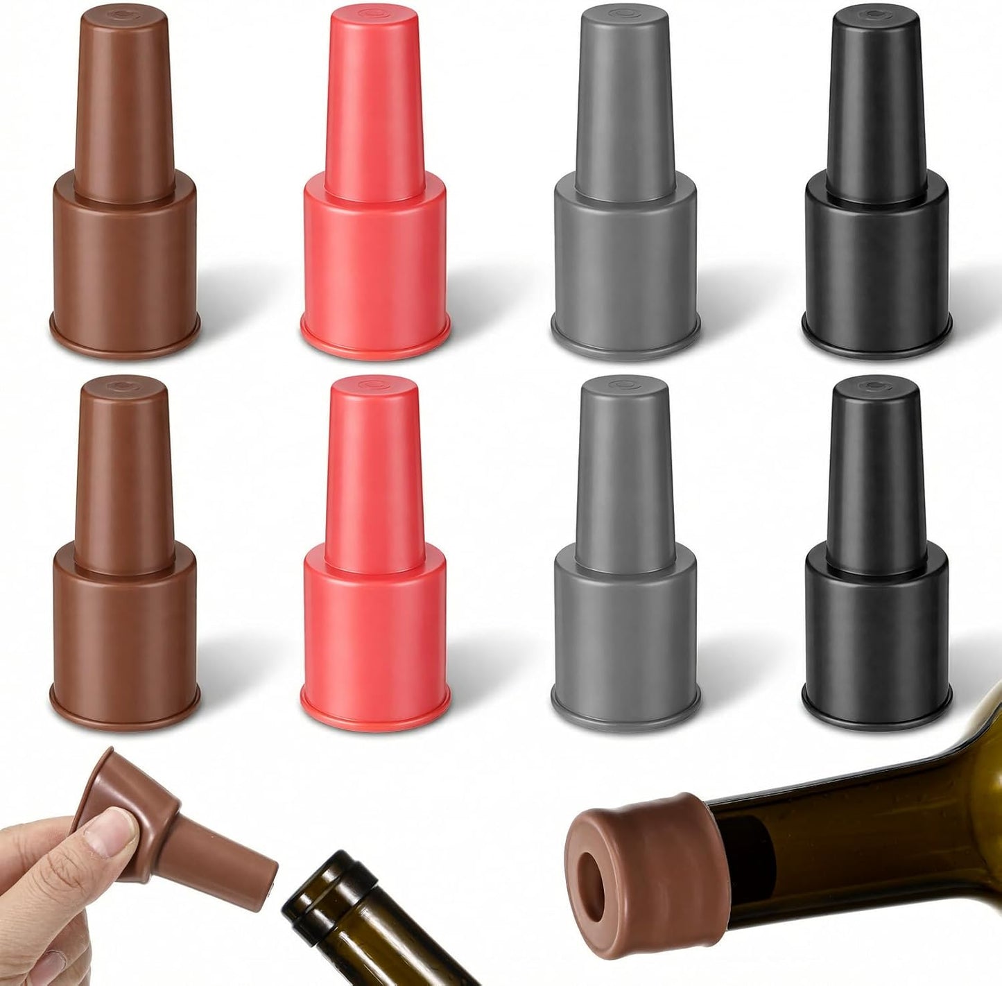 Tapones silicona vino 8uds 4colores reutilizables sellado suave