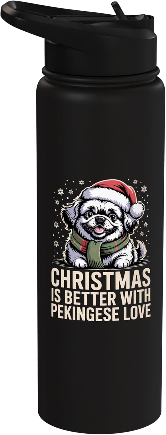 Botella de agua acero inoxidable con perro pekingés navideño