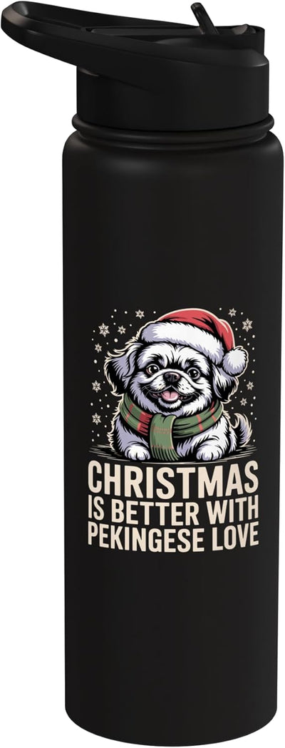 Botella de agua acero inoxidable con perro pekingés navideño