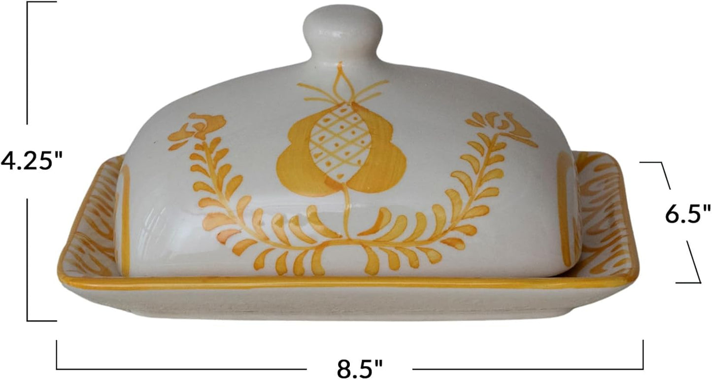 Plato mantequera cerámica diseño botánico amarillo y blanco