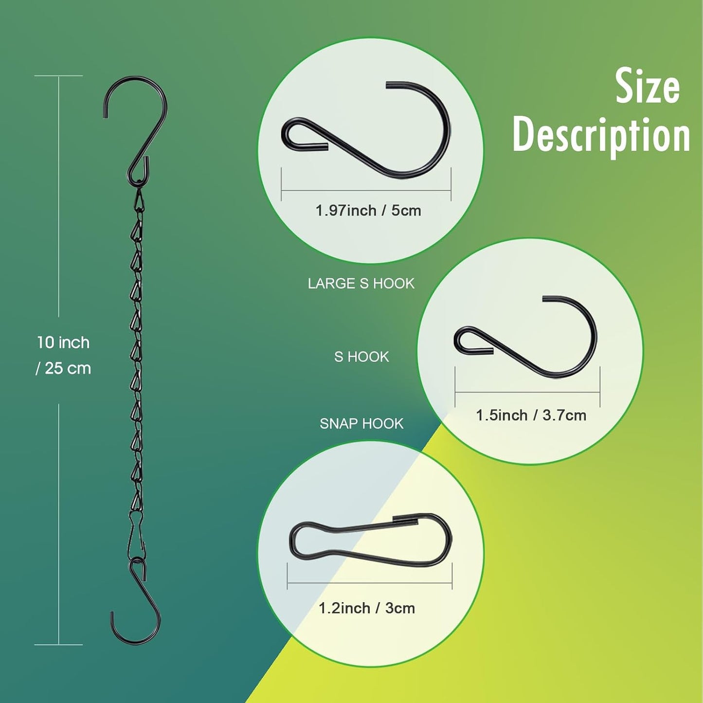 Cadena colgante negra 10pulg con ganchos ajustables