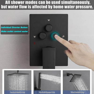 Juego grifo ducha negro mate 12pulg sistema lluvia 2 cabezales