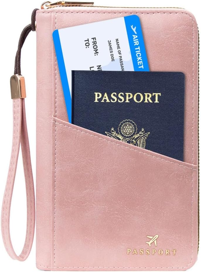 Soporte pasaporte con ranuras tarjetas y cremallera rosa