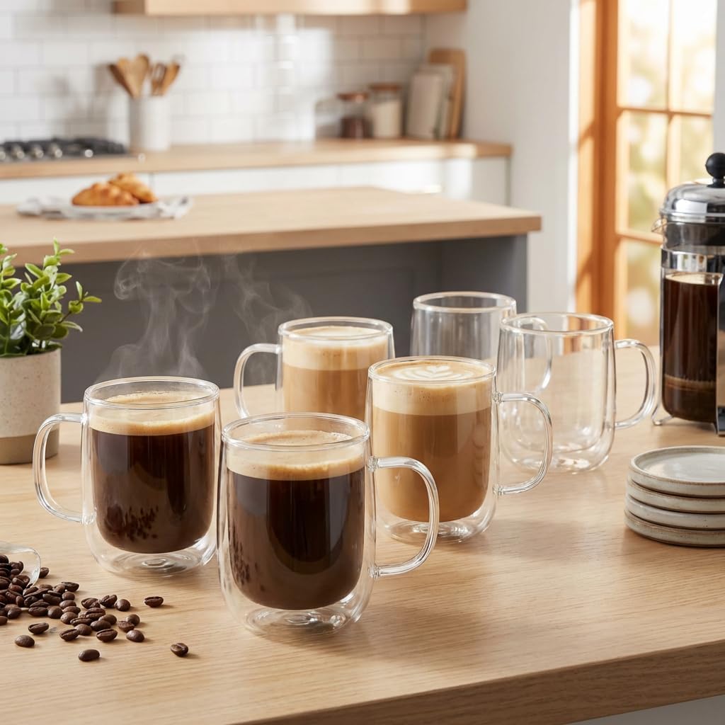 Juego de 6 tazas de café de vidrio doble pared 14 oz transparente aisladas con asa