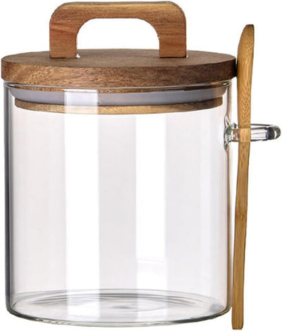 Tarro de vidrio 24 oz con tapa de madera y cuchara, boca ancha, para dulces, café, azúcar y galletas